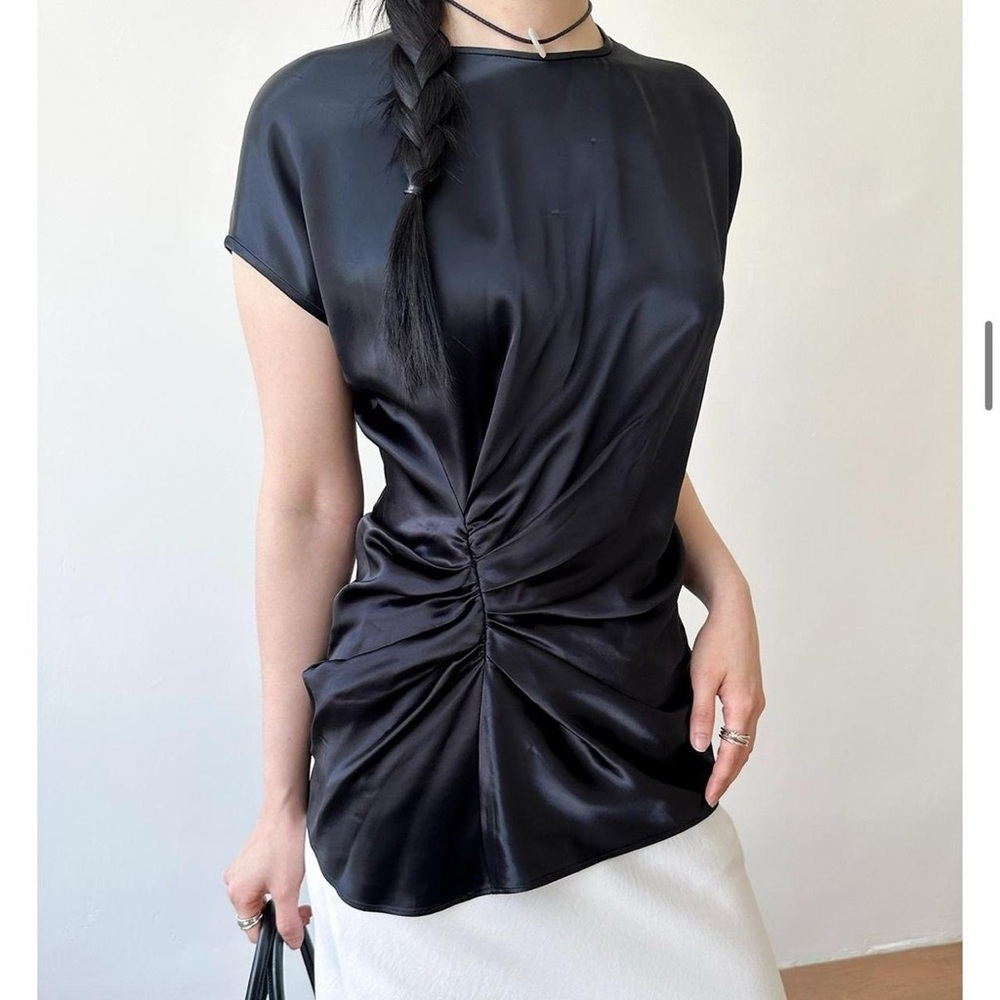 Helmut Lang Short Sleeve Draoed Viscose Top - ONE SHIRRING DETAIL BLOUSE